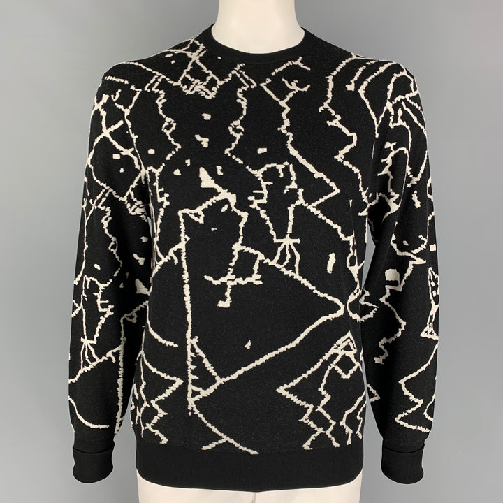 NEIL BARRETT Size L Black White Abstract Wool Viscose Blend Crew-Neck Sweater