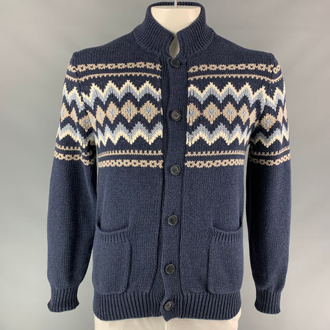 BRUNELLO CUCINELLI Size 42 Navy & White Knitted Cotton / Polyamide Buttoned Jacket