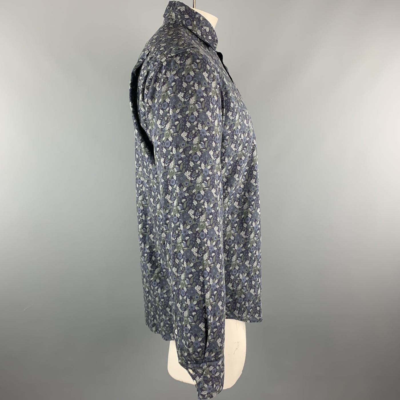HARTFORD Size M Navy & Grey Floral Cotton Button Up Long Sleeve Shirt