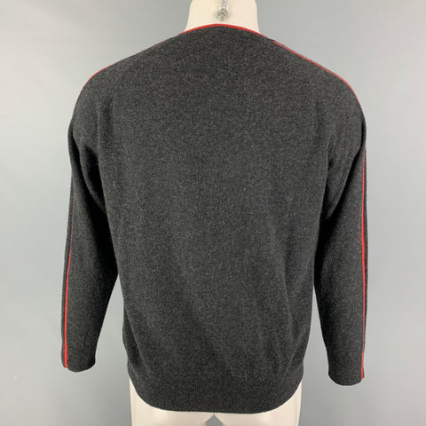 NEIMAN MARCUS Talla M Jersey de cuello redondo de cachemira con ribete en contraste gris naranja