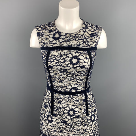 CAROLINA HERRERA Size 2 Navy & White Lace Cotton Blend Sheath Dress