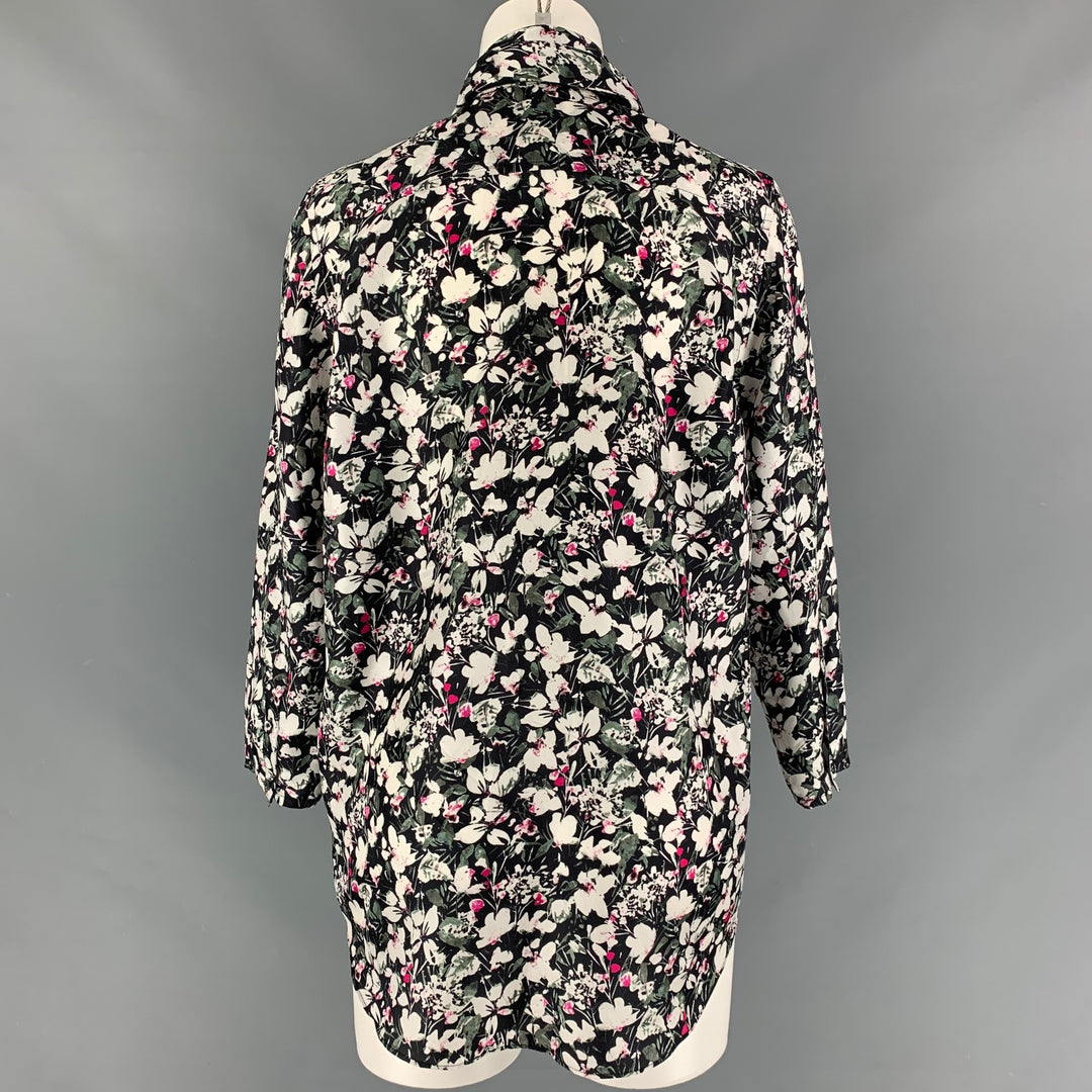 ACNE STUDIOS Talla 2 Blusa con botones ocultos florales de seda negra, blanca y fucsia