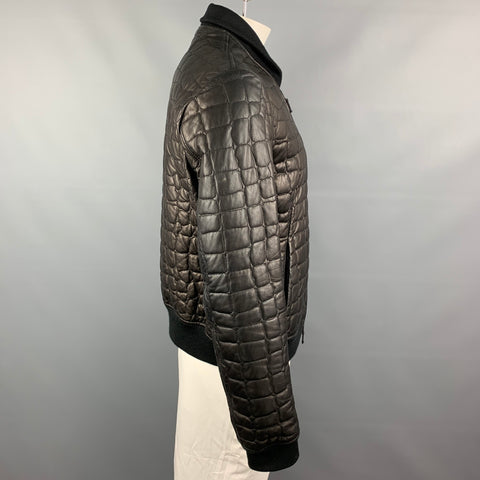 GIORGIO ARMANI Size 46 Black Quilted Leather Zip Up Bomber Jacket