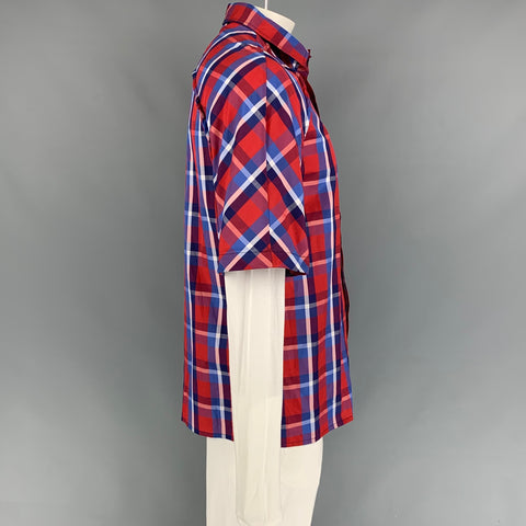 SOCIETE ANONYME Taille XL Chemise à manches courtes en coton à carreaux rouge et bleu