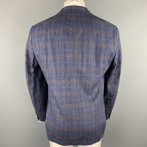 TOMMY HILFIGER Size 40 Navy & Brown Plaid Linen Notch Lapel Sport Coat