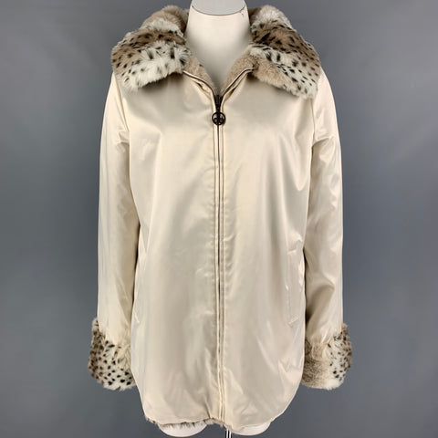 DENNIS BASSO Size L Cream Brown Polyester Animal Print Faux Fur Zip Up Coat