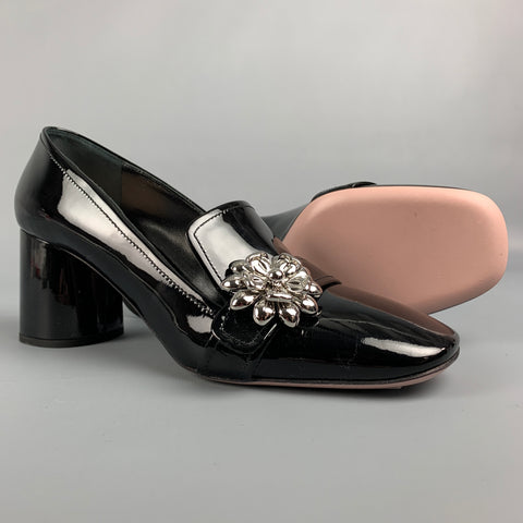PRADA Size 7.5 Black & Silver Patent Leather Vernice Pumps