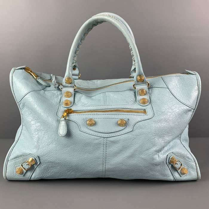 BALENCIAGA Light Blue Gold Tone Hardware Leather Bag