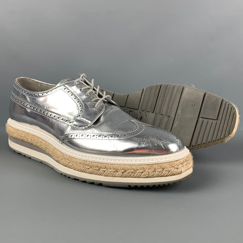 PRADA Size 10 Silver Perforated Leather Platform Lace Up Shoes
