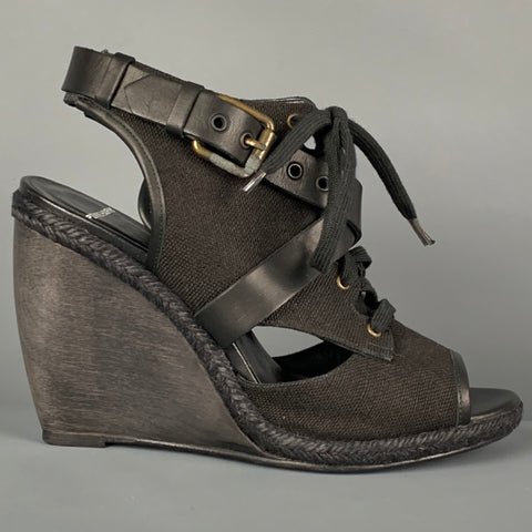 PIERRE HARDY Size 10 Black Canvas Leather Espadrille Wedge Sandals