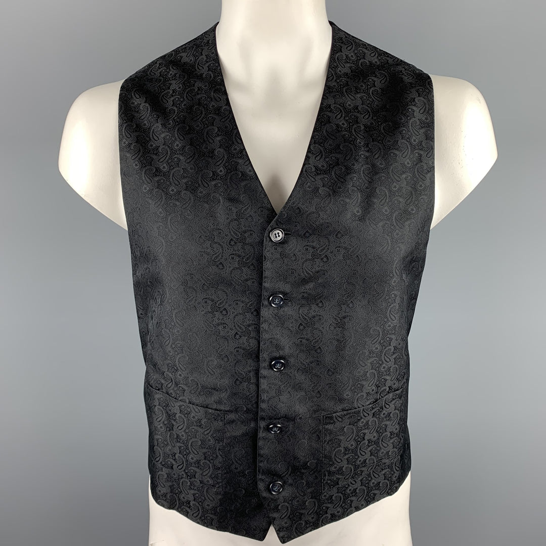 VINTAGE Size 44 Black Paisley Polyester V-Neck Vest (Indoor)