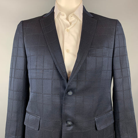 ETRO Size 44 Navy Plaid Wool / Silk Notch Lapel Sport Coat