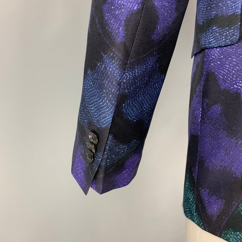 ROBERTO CAVALLI Size 42 Black Purple Print Silk Peak Lapel Sport Coat