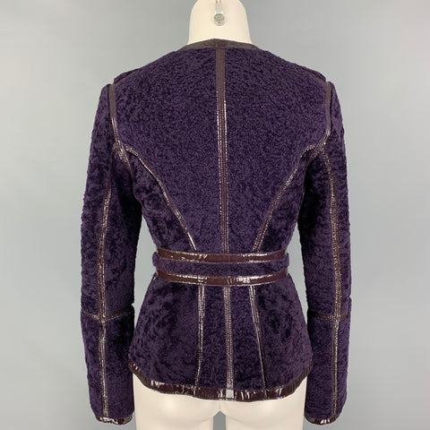 YVES SAINT LAURENT Size 6 Purple Shearling Patent Leather Reversible Belted Jacket