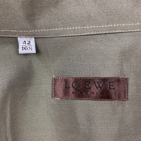 LOEWE Talla L Camisa de manga larga con botones de poliéster / seda brillante verde oliva