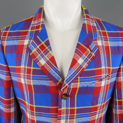 COMME des GARCONS HOMME PLUS M Blue Red Pink & Green Mixed Plaid Wool Sport Coat