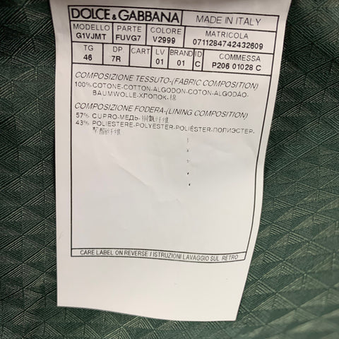 DOLCE & GABBANA Size 36 R Green Velvet Double Breasted Shawl 3 Piece Suit