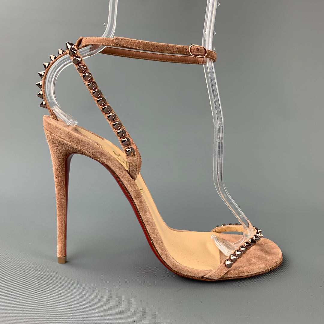 CHRISTIAN LOUBOUTIN So Me Spike Size 8 Suede Taupe Ankle Strap Sandals