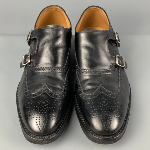 GRAVATI Size 10 Black Perforated Leather Double Monk Strap Lace Up Shoes