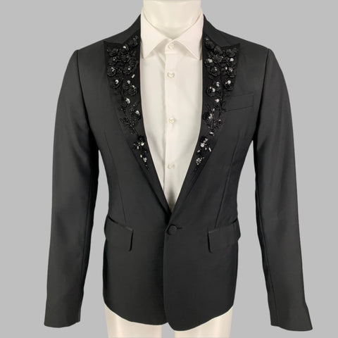 DSQUARED2 Size 38 Black Embroidery Wool Silk Peak Lapel Sport Coat