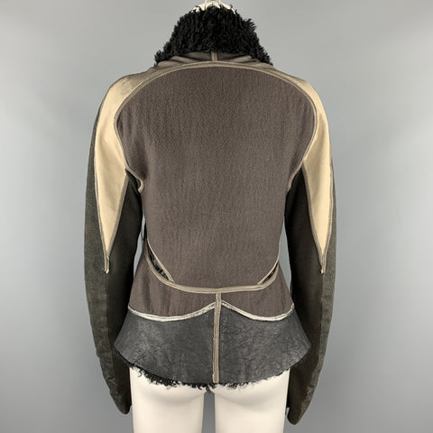 RICK OWENS Size 10 Gray Metallic Leather Patchwork Shearling Collar Tied Jacket