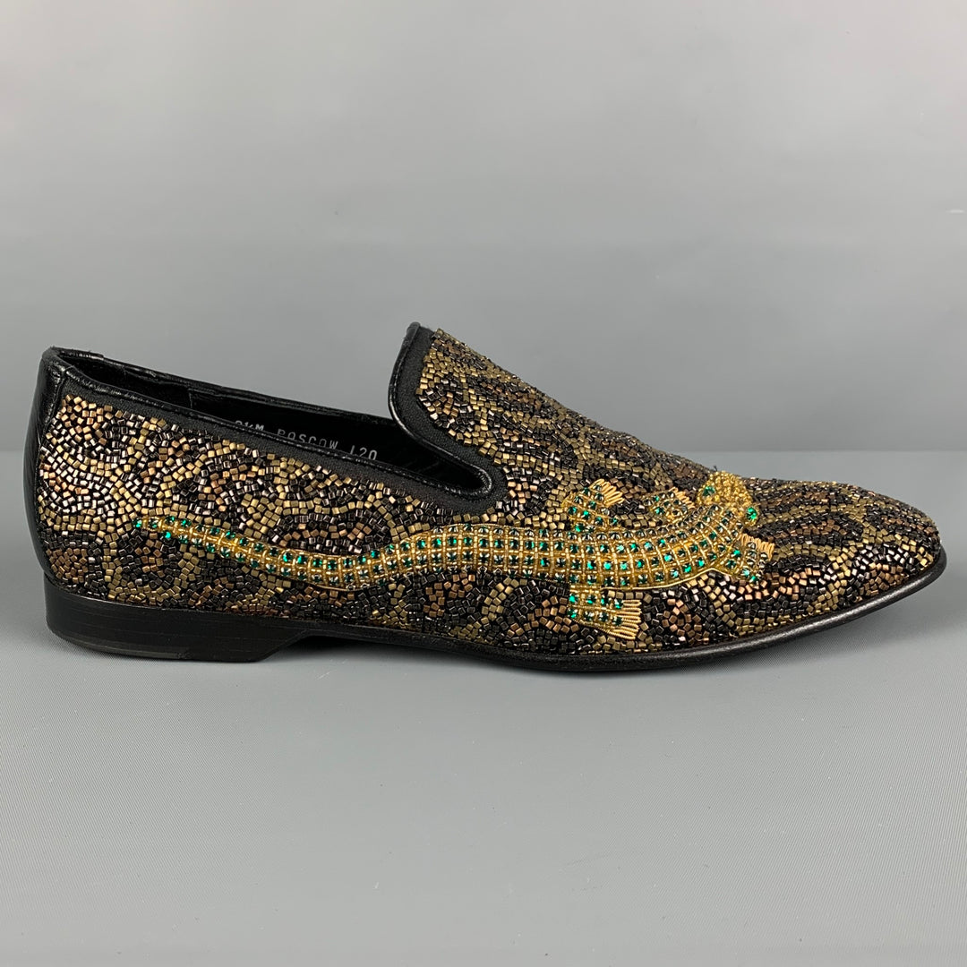 DONALD J PLINER SIGNATURE Size 9.5 Black Gold Green Beaded Leather Slip On Loafers