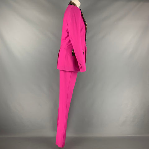 DOLCE & GABBANA Size 12 Pink Navy Gold Wool Beaded Peak Lapel Pants Suit