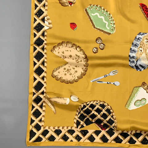 PERRY ELLIS Gold Black Pastries Print Silk Scarf