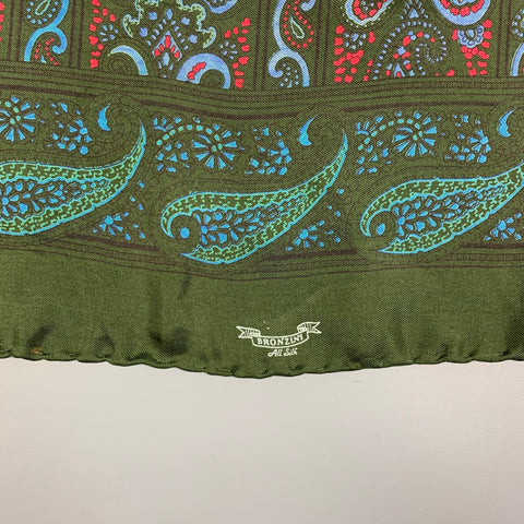 BRONZINI Green Blue Paisley Silk Pocket Square