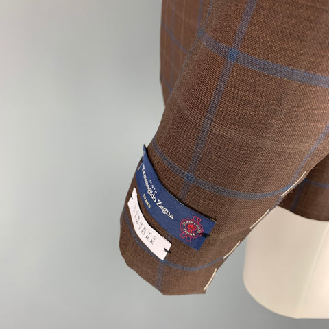 BARNEY'S NEW YORK Size 40 Brown Navy Plaid Wool Silk Sport Coat