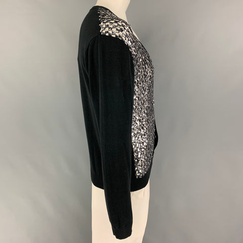 JOHN RICHMOND Size XL Black Silver Sequined Cotton / PVC Buttoned Cardigan