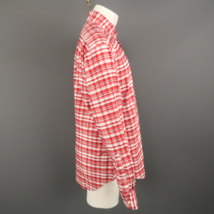 THOM BROWNE Taille XXL Chemise à manches longues boutonnée en coton à carreaux rouge et blanc
