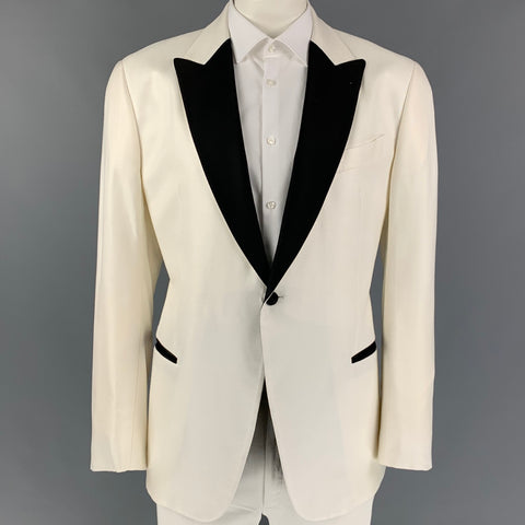 EMPORIO ARMANI Size 48 White & Black Viscose Peak Lapel Sport Coat