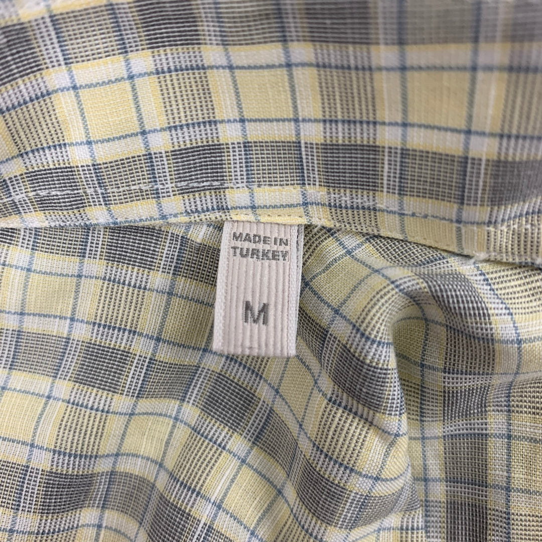 ERMENEGILDO ZEGNA Talla M Camisa Manga Larga Lino Algodón Cuadros Amarillo Azul