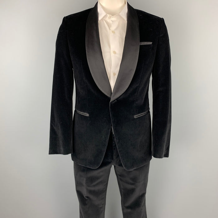 HUGO BOSS Size 40 Regular Black Cotton Velvet Shawl Collar Tuxedo Suit