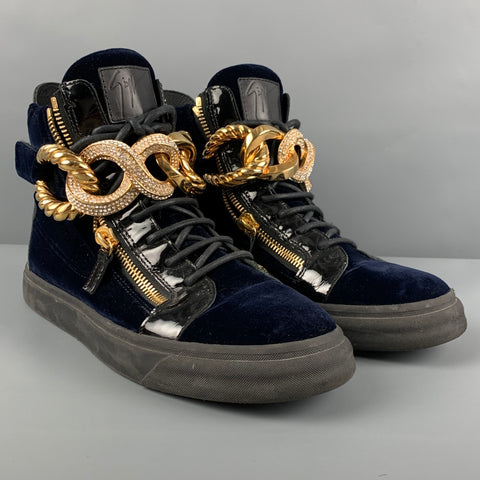 GIUSEPPE ZANOTTI Size 10.5 Navy Velvet Crystal Chain-Front High Top Sneakers