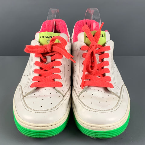 CHANEL Size 11 White Multi-Color Leather Lace Up Sneakers