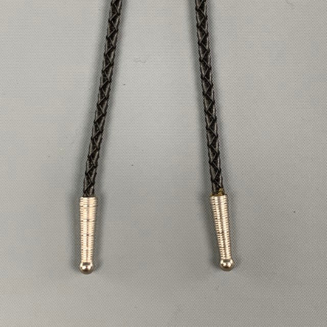 VINTAGE Black Silver Braided Leather Concho Bolo Tie