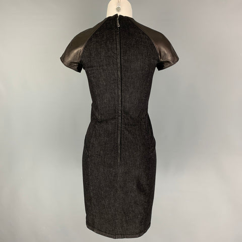 RALPH LAUREN Black Label Size 2 Black Mixed Fabrics Lamb Skin Short Sleeve Dress