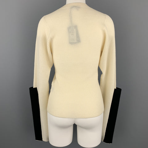 JOSEPH Size S Beige Merino Wool Waffel Knit Black Sleeve Pullover