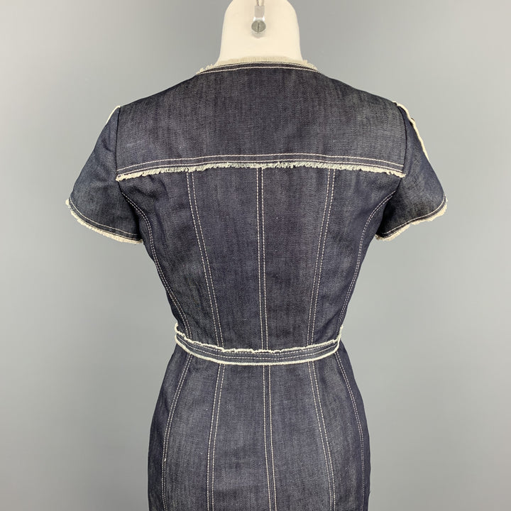 CAROLINA HERRERA Size 4 Blue Cotton / Linen Contrast Stitch Sheath Dress