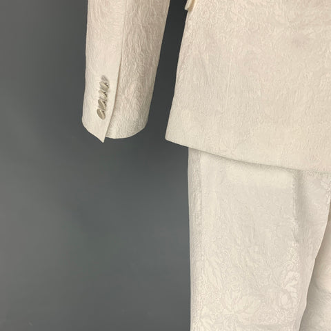 DOLCE & GABBANA Size 40 Regular White Jacquard Cotton Polyester Black Shawl Collar Suit