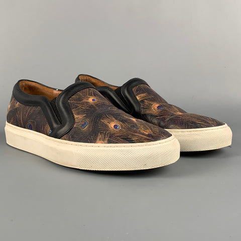 GIVENCHY Talla 8.5 Zapatillas sin cordones de cuero marrón y naranja con diseño de pavo real