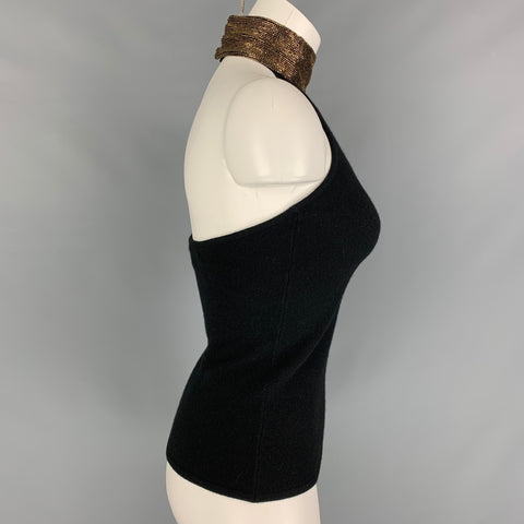 RALPH LAUREN BLACK LABEL Taille S Noir Or Cachemire Mélange Halter Perlé Pull