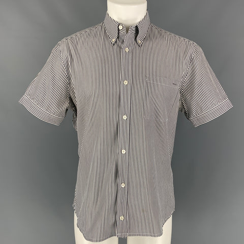 PRADA Size M Navy & White Stripe Cotton Short Sleeve Shirt