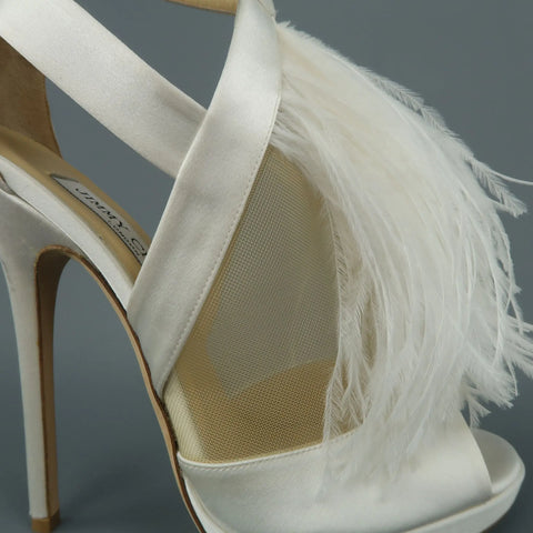 JIMMY CHOO US 8.5 / IT 38.5 White Silk / Leather Ostrich Feather Bridal Sandals JIMMY CHOO