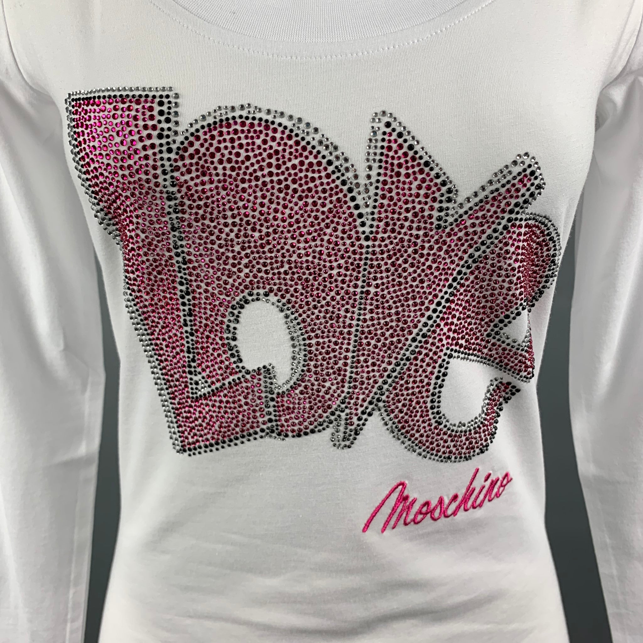 LOVE MOSCHINO Size 4 White Pink Cotton / Elastane Rhinestones Long