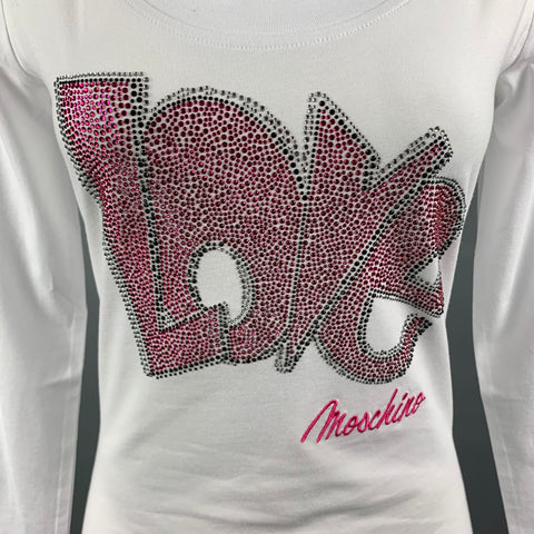 LOVE MOSCHINO Size 4 White Pink Cotton / Elastane Rhinestones Long Sleeves T-Shirt