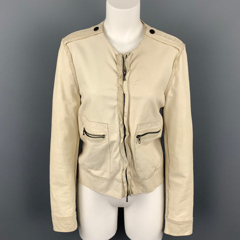 LANVIN Printemps 2010 Taille 4 Veste zippée à volants sans col en cuir blanc cassé