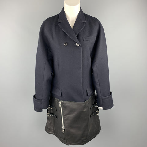 SACAI Size L Navy Wool Notch Lapel Hidden Button Leather Belted Panel Coat